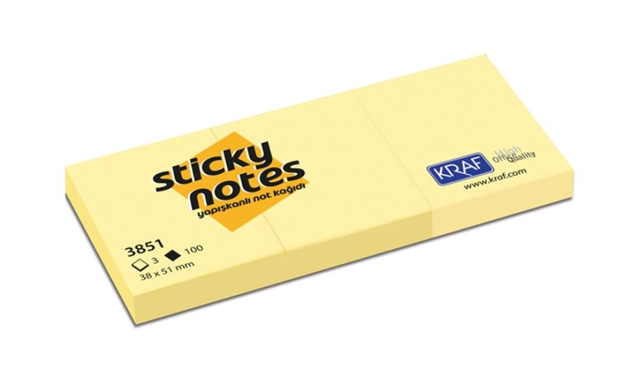 Kraf 3851 Yapışkanlı Not Kağıdı 38x51mm Sarı 3lü